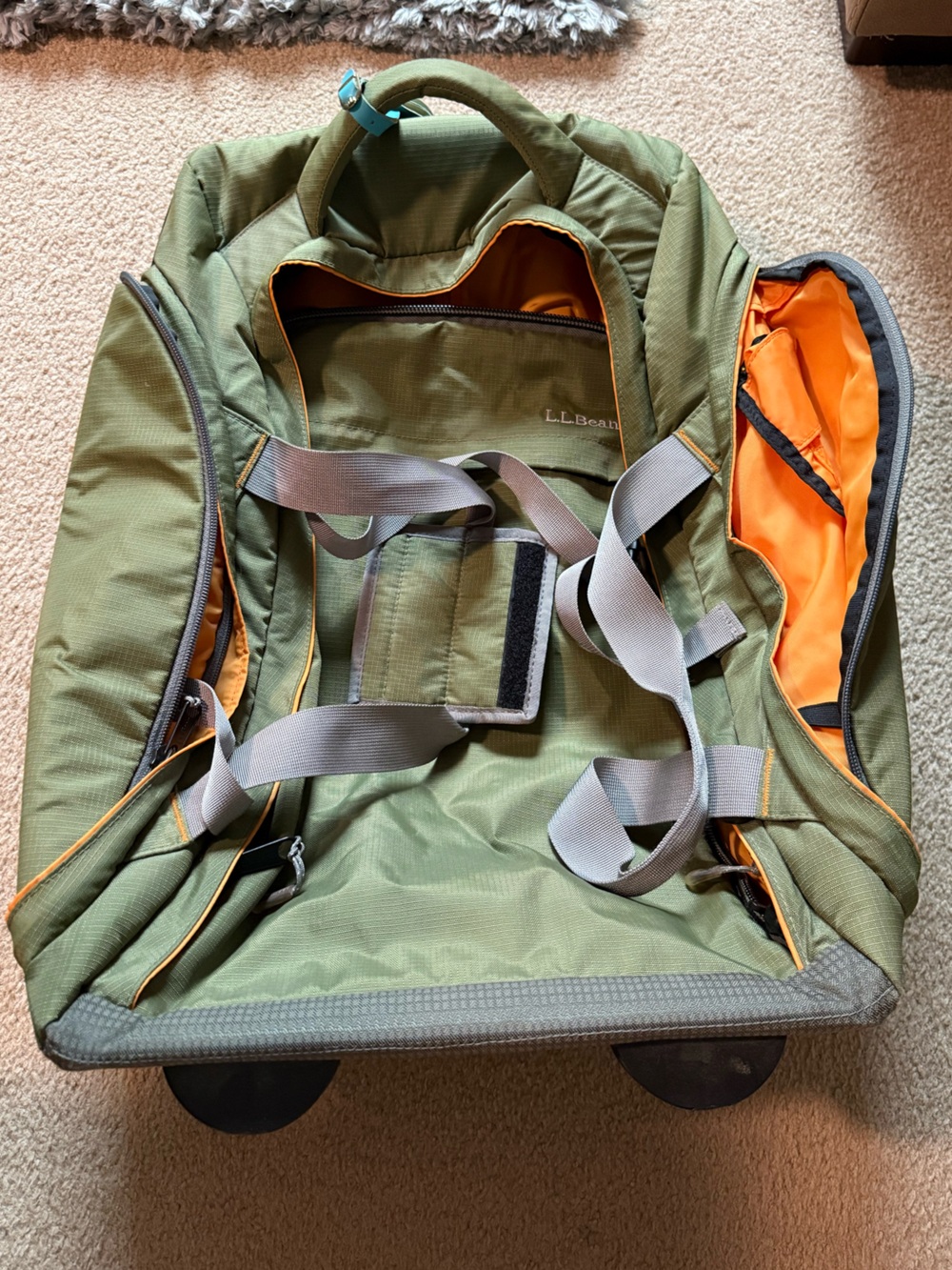 LL Bean Olive Green Rolling Duffel Bag Carry On with Orange Interior